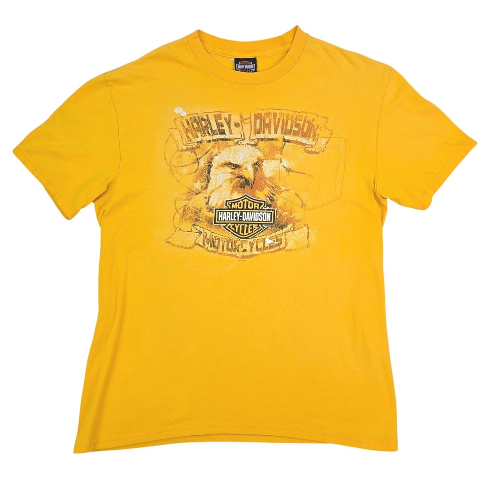 Harley Davidson Black Diamond T-Shirt Mens L Yellow Eagle Pinup Girl Pocket‎ Tee